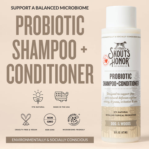Dog Dish Skout's Honor Dog of the Woods probiotic shampoo and conditioner bottle with natural ingredients and icons.