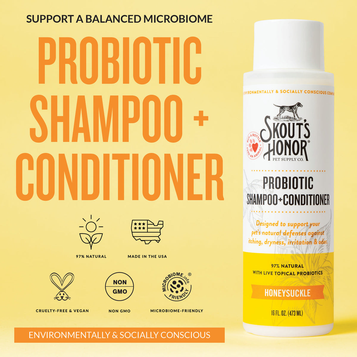 Dog Dish Skout's Honor probiotic honeysuckle shampoo and conditioner bottle on a yellow background with product info.