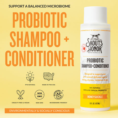 Dog Dish Skout's Honor probiotic honeysuckle shampoo and conditioner bottle on a yellow background with product info.