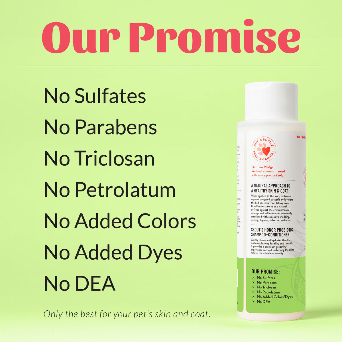 Dog Dish Skout's Honor probiotic coconut shampoo bottle with a list of natural ingredients and our promise text.