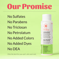 Dog Dish Skout's Honor probiotic coconut shampoo bottle with a list of natural ingredients and our promise text.
