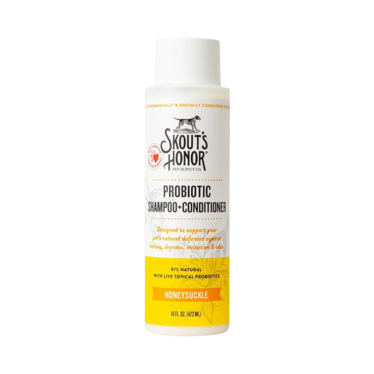 Dog Dish Skout's Honor probiotic honeysuckle shampoo and conditioner bottle for dogs