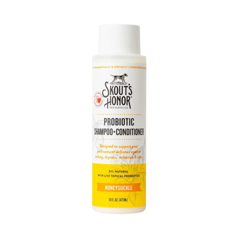 Dog Dish Skout's Honor probiotic honeysuckle shampoo and conditioner bottle for dogs