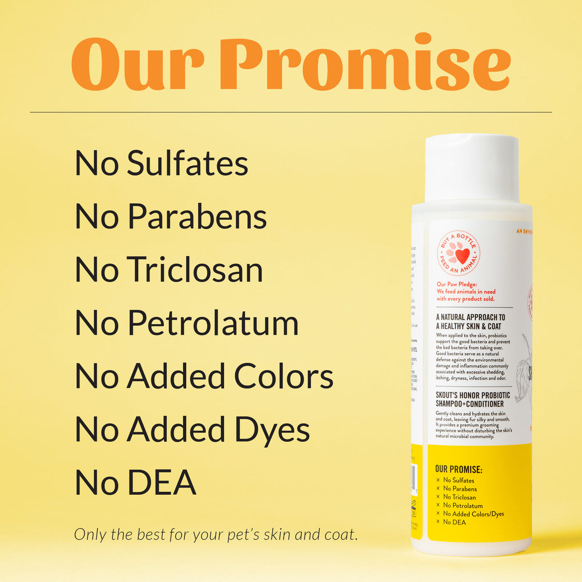 Dog Dish Skout's Honor probiotic shampoo and conditioner bottle against a yellow background with ingredient claims