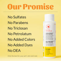 Dog Dish Skout's Honor probiotic shampoo and conditioner bottle against a yellow background with ingredient claims