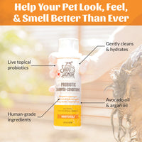Dog Dish Skout's Honor probiotic honeysuckle shampoo and conditioner bottle with avocado and argan oil benefits