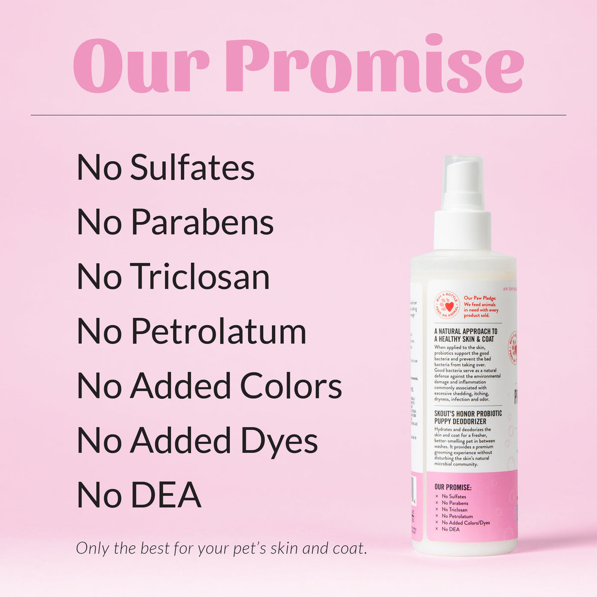 Dog Dish Skout's Honor probiotic puppy deodorizer spray bottle with a list of natural ingredients and benefits.