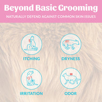 Dog Dish Skout's Honor Happy Puppy Shampoo infographic showing relief for itching, dryness, irritation, and odor.