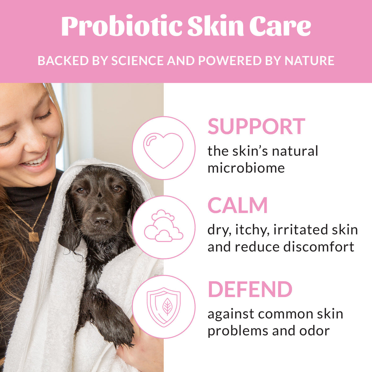 Dog Dish Skout's Honor Happy Puppy probiotic shampoo benefits graphic showing a puppy wrapped in a white towel