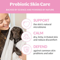 Dog Dish Skout's Honor Happy Puppy probiotic shampoo benefits graphic showing a puppy wrapped in a white towel