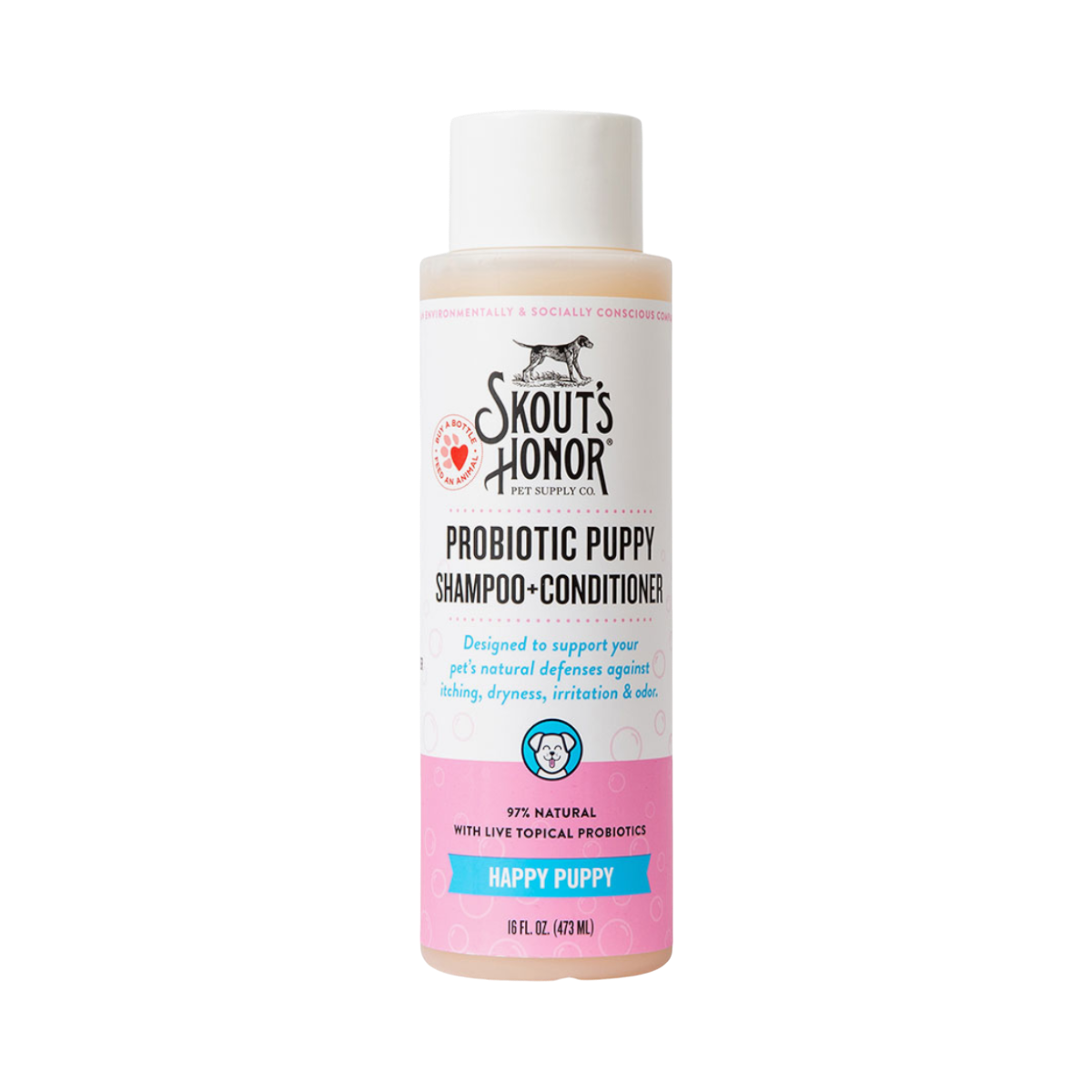 Dog Dish Skout's Honor Happy Puppy probiotic shampoo and conditioner in a 16 oz bottle for sensitive puppy skin.