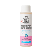 Dog Dish Skout's Honor Happy Puppy probiotic shampoo and conditioner in a 16 oz bottle for sensitive puppy skin.
