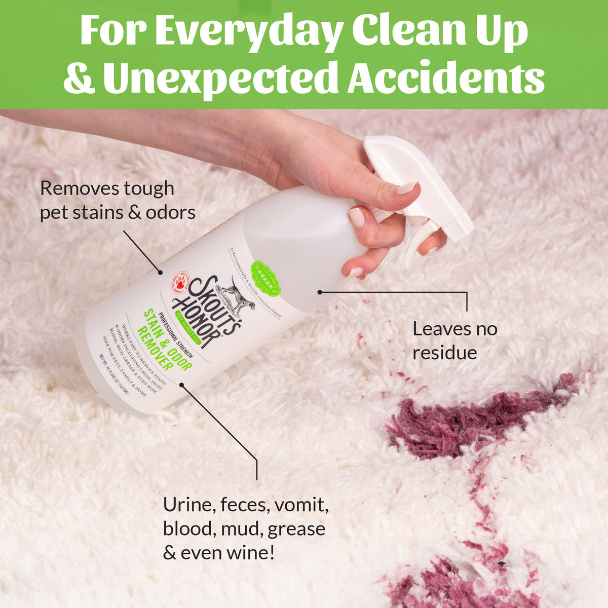Dog Dish Skout's Honor stain and odor remover spray bottle cleaning a red stain on a white shag rug
