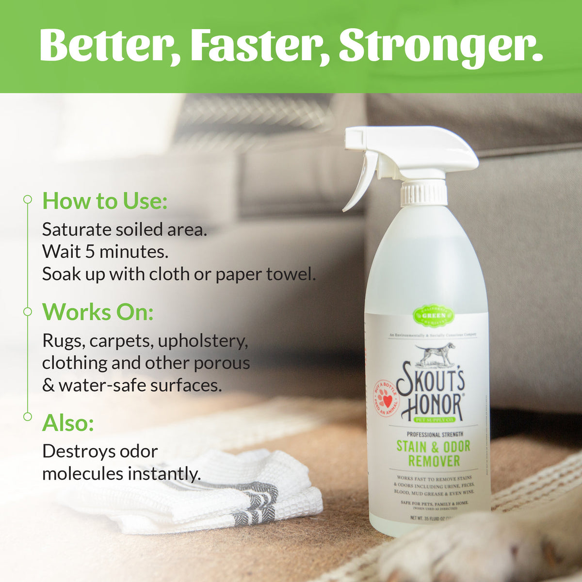 Dog Dish Skout's Honor professional-strength stain and odor remover spray bottle for pet messes on carpets and rugs.