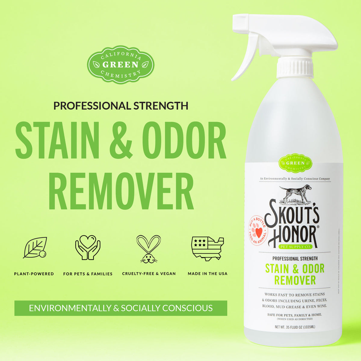 Dog Dish Skout's Honor professional strength plant-based stain and odor remover spray bottle on a light green background