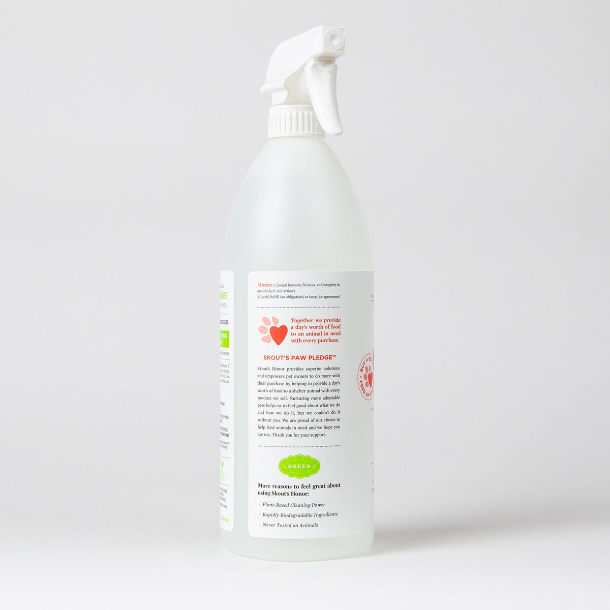 Dog Dish Skout's Honor 35-ounce stain and odor remover spray bottle with plant-based formula details on the label.