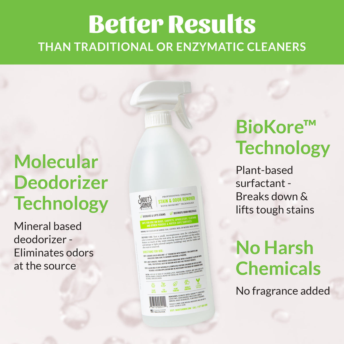 Dog Dish Skout's Honor professional-strength stain and odor remover spray bottle with BioKore technology details.