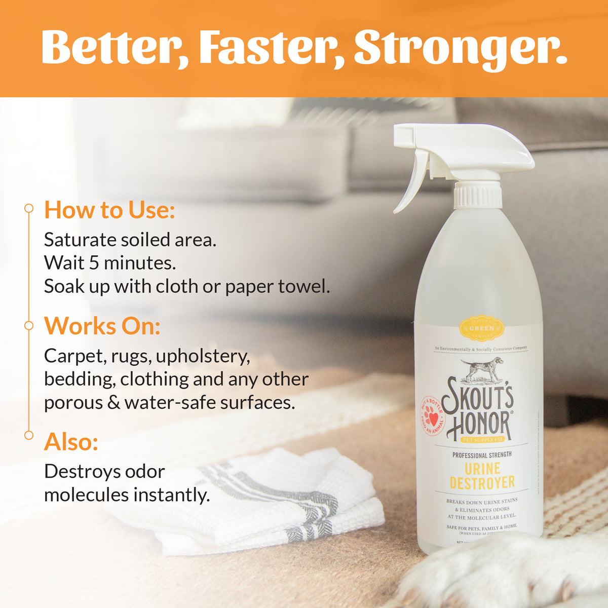 Dog Dish Skout's Honor Urine Destroyer spray bottle with usage instructions for removing pet stains and odors.