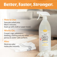Dog Dish Skout's Honor Urine Destroyer spray bottle with usage instructions for removing pet stains and odors.
