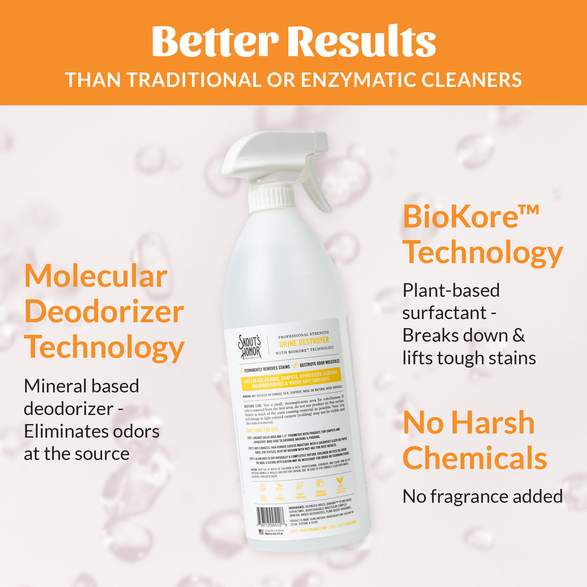 Dog Dish Skout's Honor Urine Destroyer spray bottle featuring BioKore plant-based technology for pet stain removal.