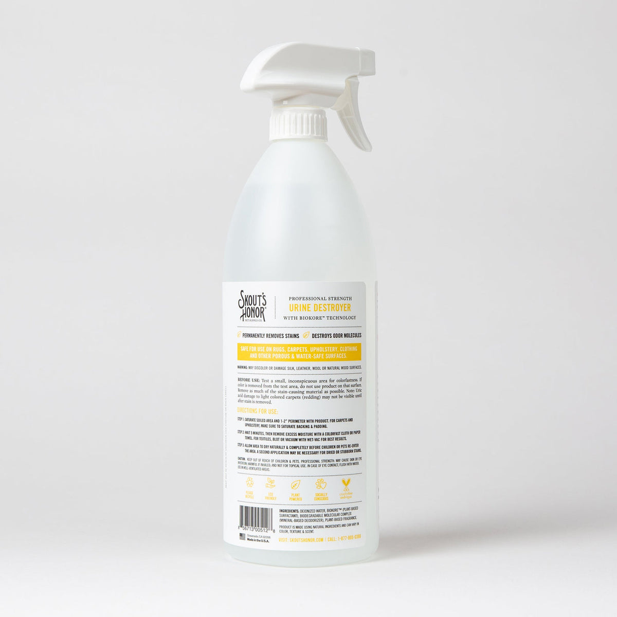 Dog Dish Skout's Honor Urine Destroyer spray bottle for pet stain and odor removal on carpets and upholstery.