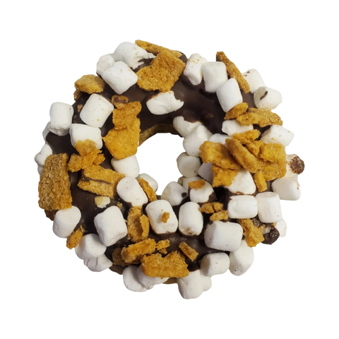 Dog Dish S'mores Granola Donut topped with carob, graham cracker crumbles, and mini marshmallows for dogs.