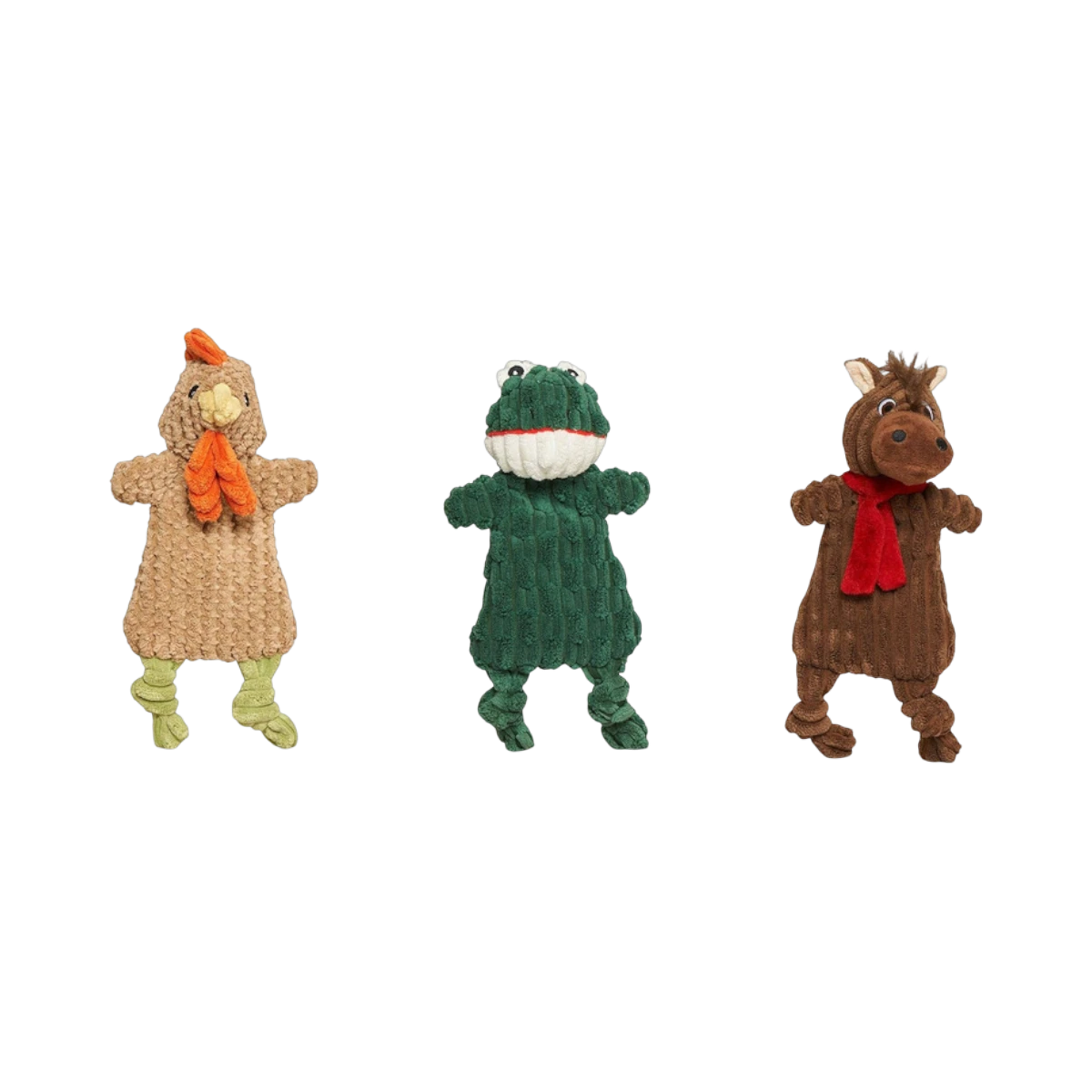 Dog Dish HuggleFlatties Pasture Pals unstuffed corduroy plush dog toys featuring a rooster, frog, and horse.