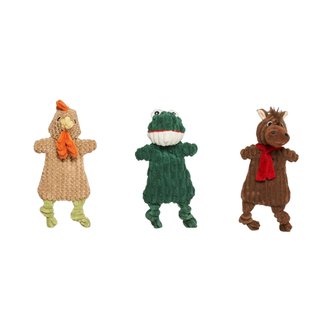 Dog Dish HuggleFlatties Pasture Pals unstuffed corduroy plush dog toys featuring a rooster, frog, and horse.