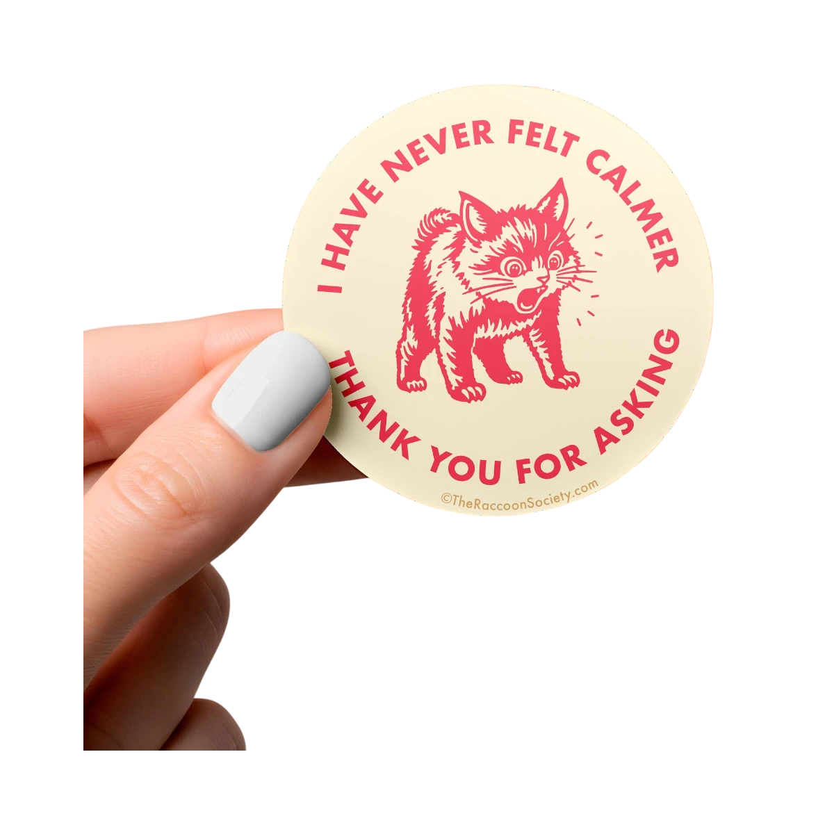 Dog Dish weatherproof sticker featuring a cat illustration and the text I Have Never Felt Calmer Thank You For Asking