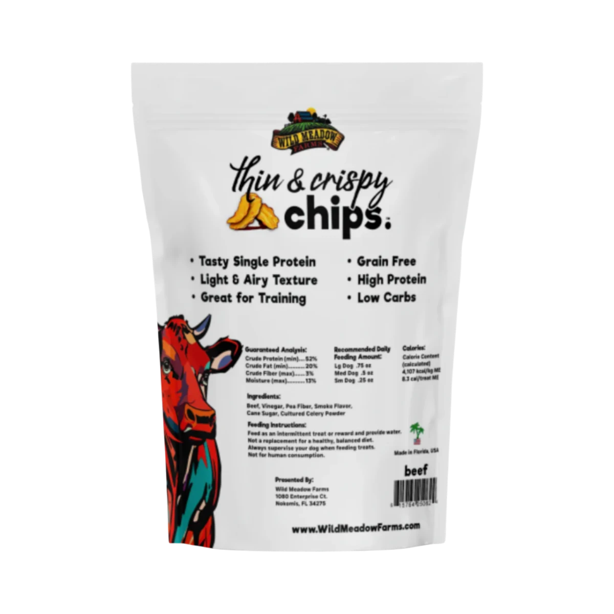 Dog Dish Wild Meadow Farms beef crispy chips bag with nutritional information and colorful cow illustration