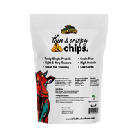 Dog Dish Wild Meadow Farms beef crispy chips bag with nutritional information and colorful cow illustration