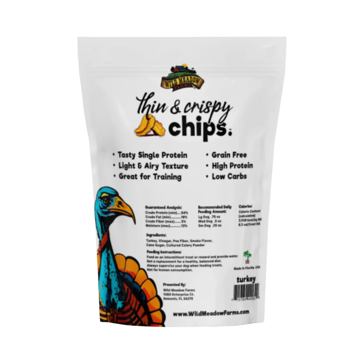 Dog Dish Wild Meadow Farms turkey crispy chips bag with grain-free, high-protein dog treat information.