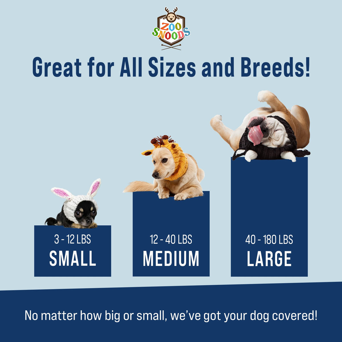 Dog Dish Zoo Snoods knit animal hats for dogs in small, medium, and large sizes on three different dog breeds.