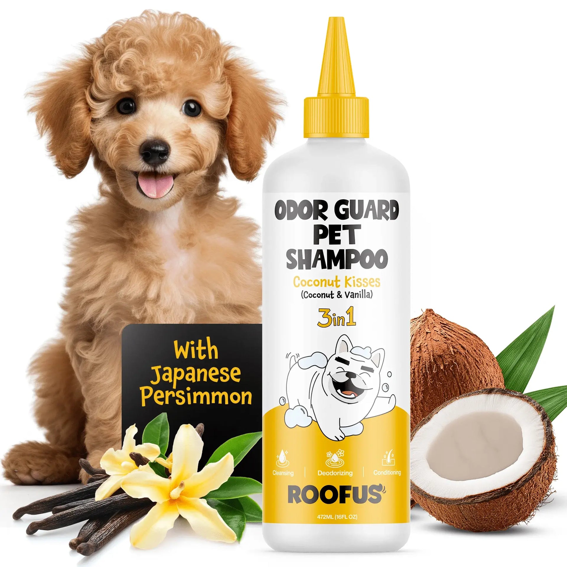 Roofus Coconut Kisses dog shampoo bottle detail showing ingredient list and usage instructions on back label