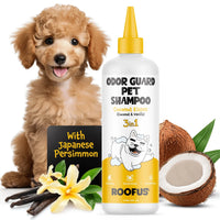 Roofus Coconut Kisses dog shampoo bottle detail showing ingredient list and usage instructions on back label