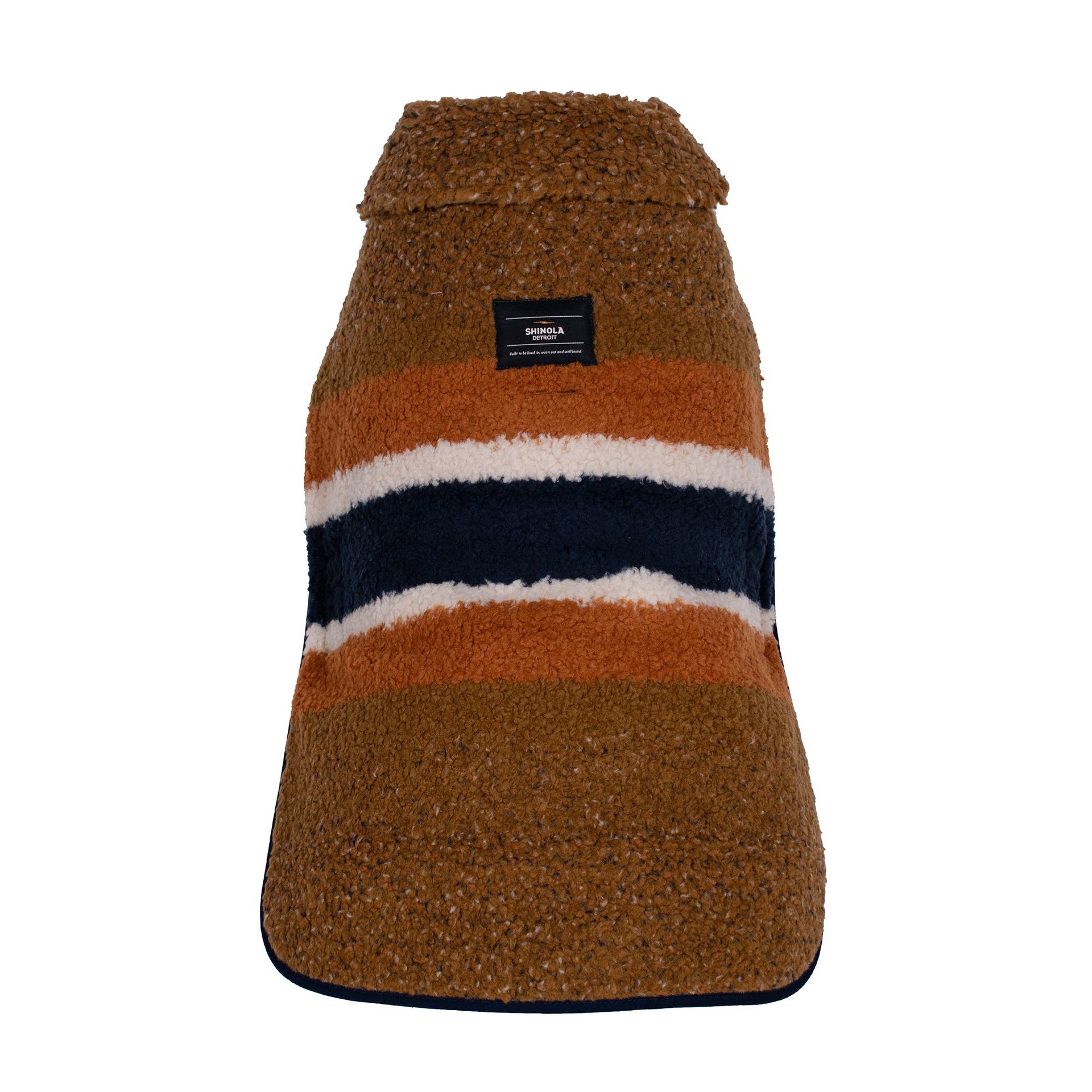 Shinola Pet brown barn-style dog coat displayed showing reversible design and adjustable features from Carolina Pet Company