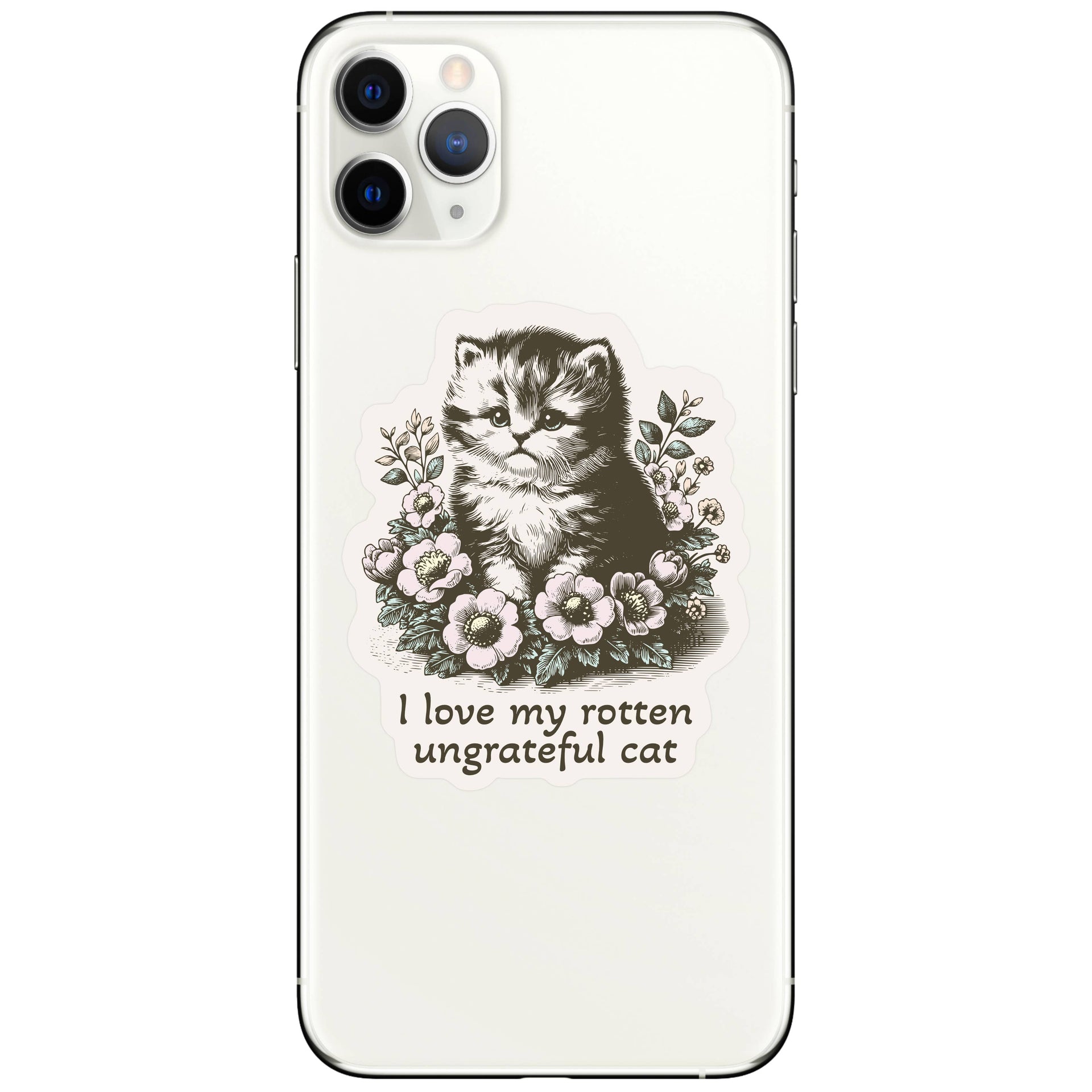 Juju and Moxie Rotten Cat vinyl sticker shown in detailed close-up view highlighting design and text elements.