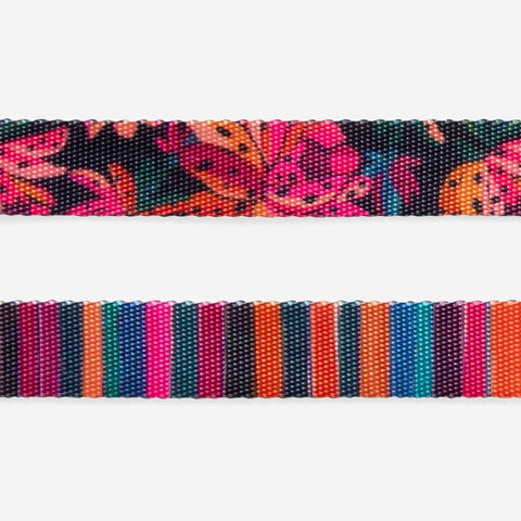 Zee.Dog H Harness Selva showing detailed view of colorful tropical FARM Rio print pattern and buckle hardware.