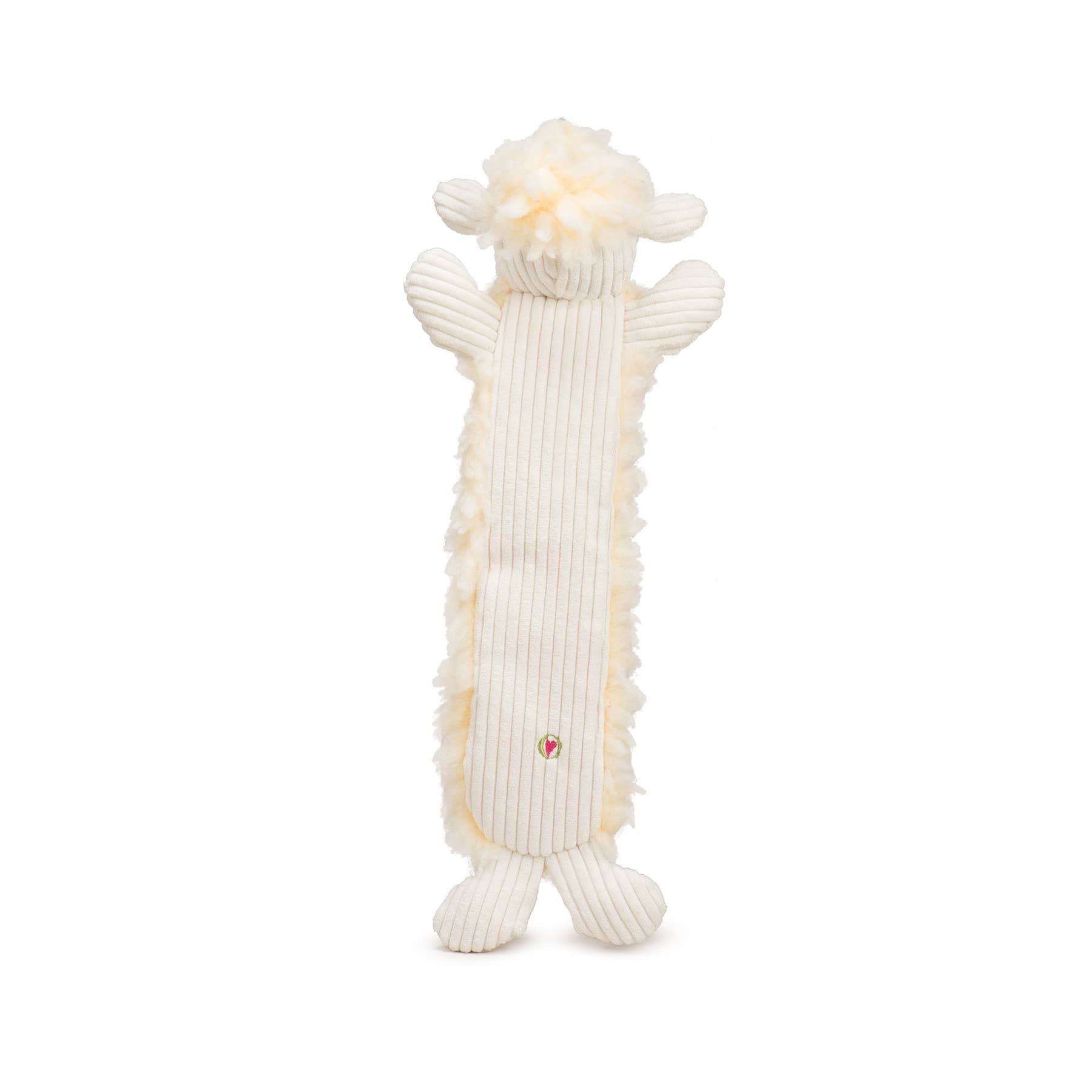 HuggleHounds Louise Lamb Fluffer Toy being carried by a dog, showing the 16-inch plush toy's floppy ears and soft texture.
