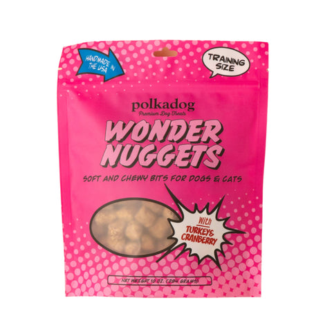 Polkadog Wonder Nuggets Turkey & Cranberry training treats package featuring colorful branding and product imagery.