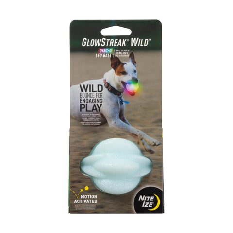 Nite Ize GlowStreak Wild LED Ball glowing blue against dark background showing illuminated fetch toy design.