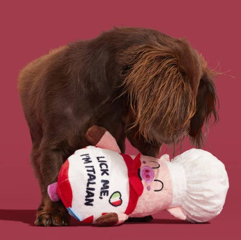 BARK Tony Pupperoni plush dog toy showing detailed view of pig chef character's face and textured fabric features.