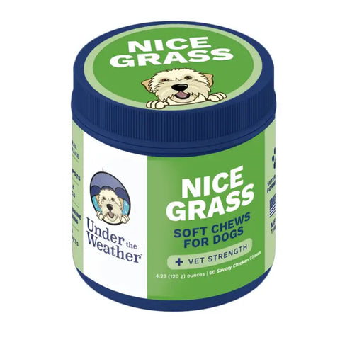 Under the Weather Nice Grass Soft Chew supplement container with 60 count dog treats for lawn protection