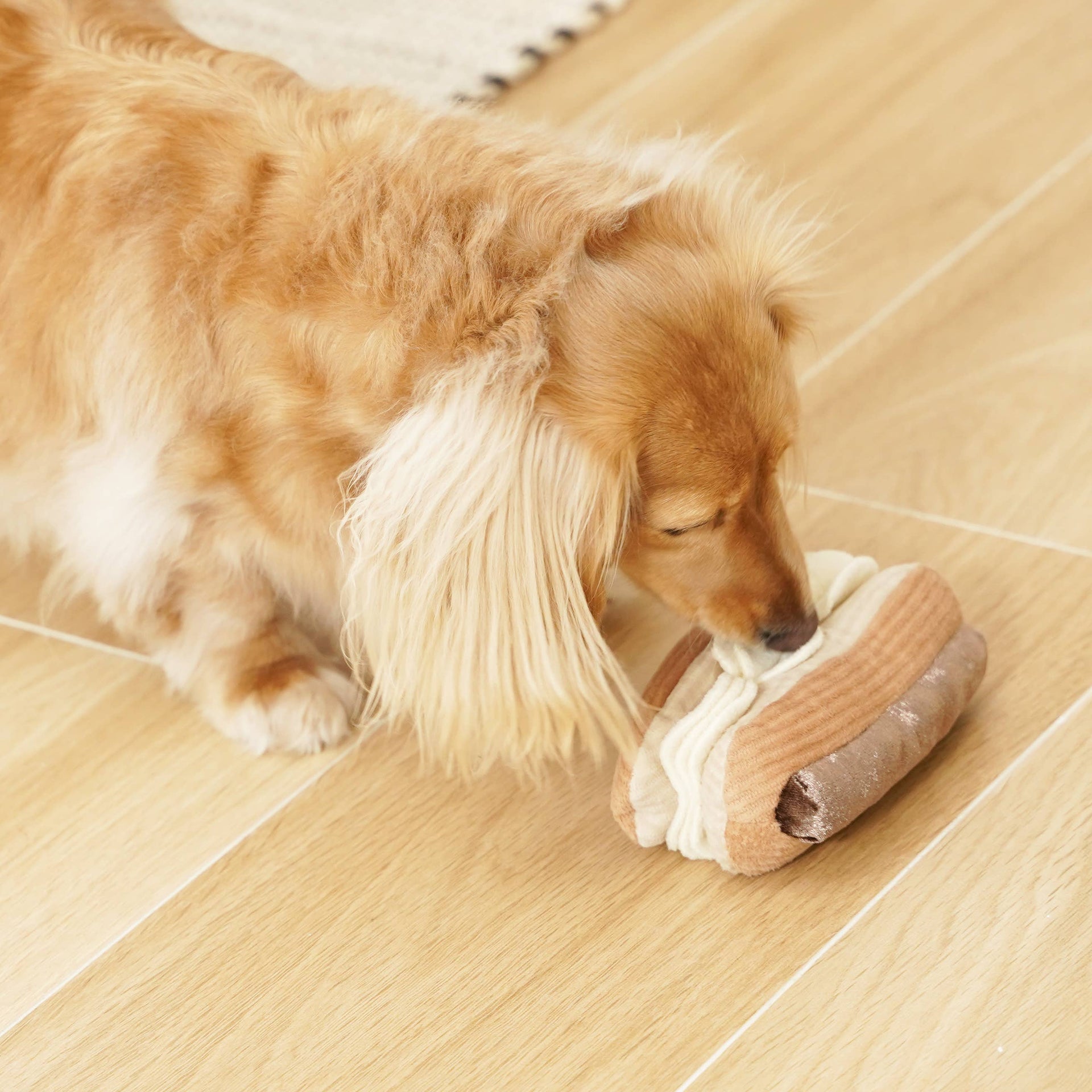 Lambwolf Collective Eclair snuffle toy showing textured cream-colored flaps and treat-dispensing pockets for dog enrichment.