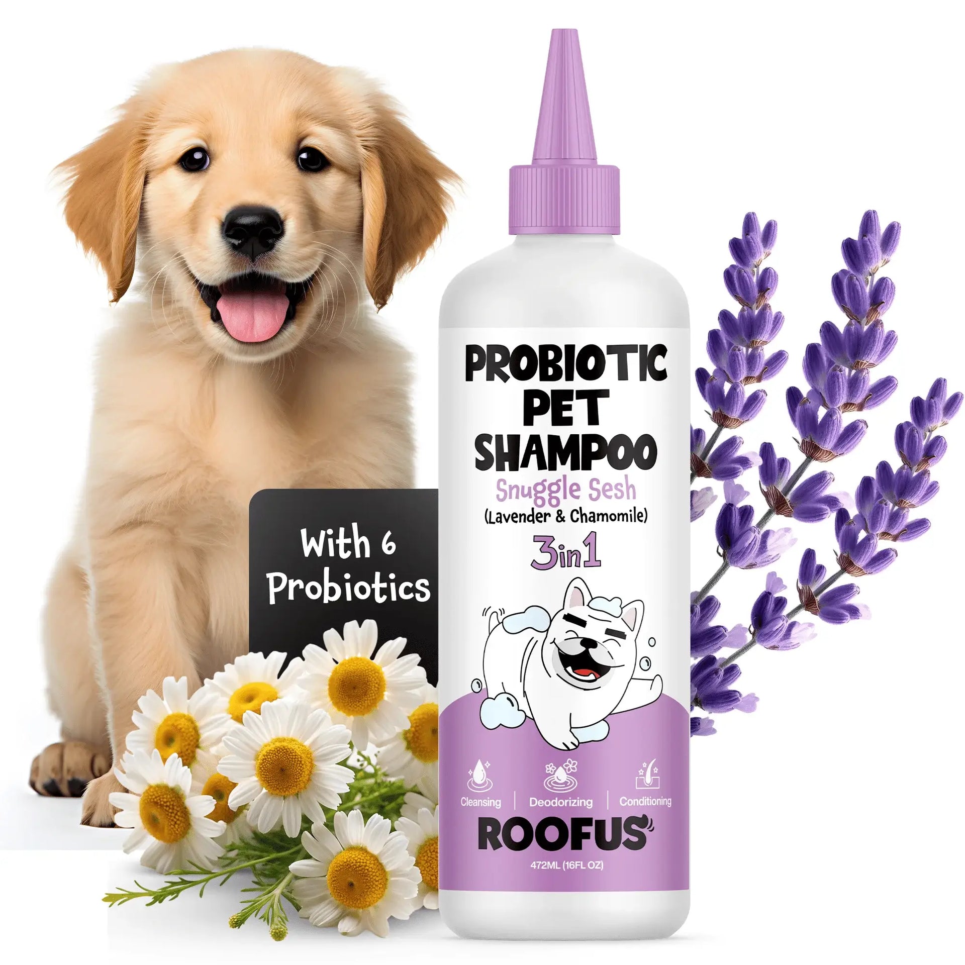 Roofus Snuggle Sesh dog shampoo bottle showing ingredient list and usage instructions on back label