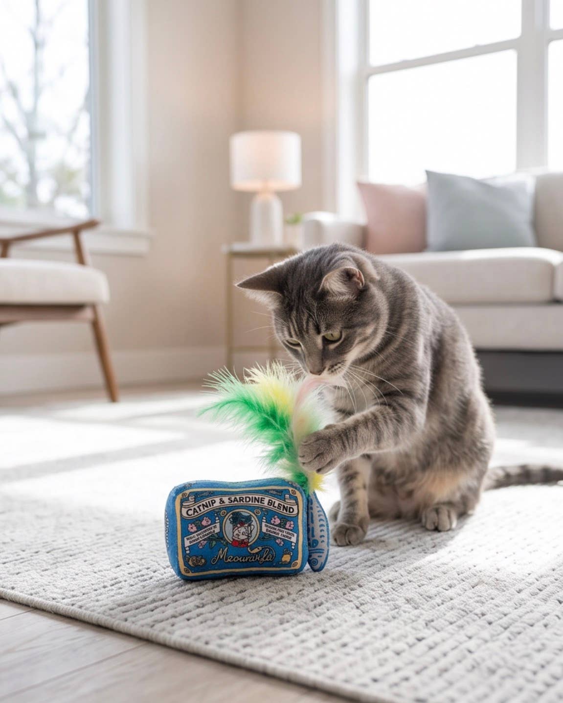 Haute Diggity Dog Meowwife Sardines Catnip Toy with Feathers shown in a playful lifestyle setting.