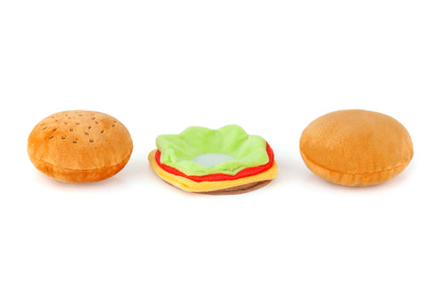 P.L.A.Y. Barky Burger MINI plush dog toy showing detailed stitching and compact 3.3-inch hamburger design.