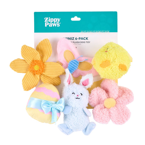 ZippyPaws Spring Fling 6-Pack collection of colorful palm-sized plush dog toys arranged together on white background.