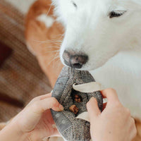 Lambwolf CASSETTE Enrichment Toy showing detailed view of plush fabric texture and hidden treat compartments.
