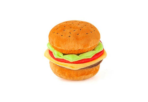 P.L.A.Y. American Classic Barky Burger MINI plush dog toy in small 3.3-inch hamburger design with squeaker.